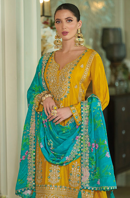 Mustard & Sea Green Designer Embroidered Chinon Silk Wedding Sharara Suit-Saira's Boutique