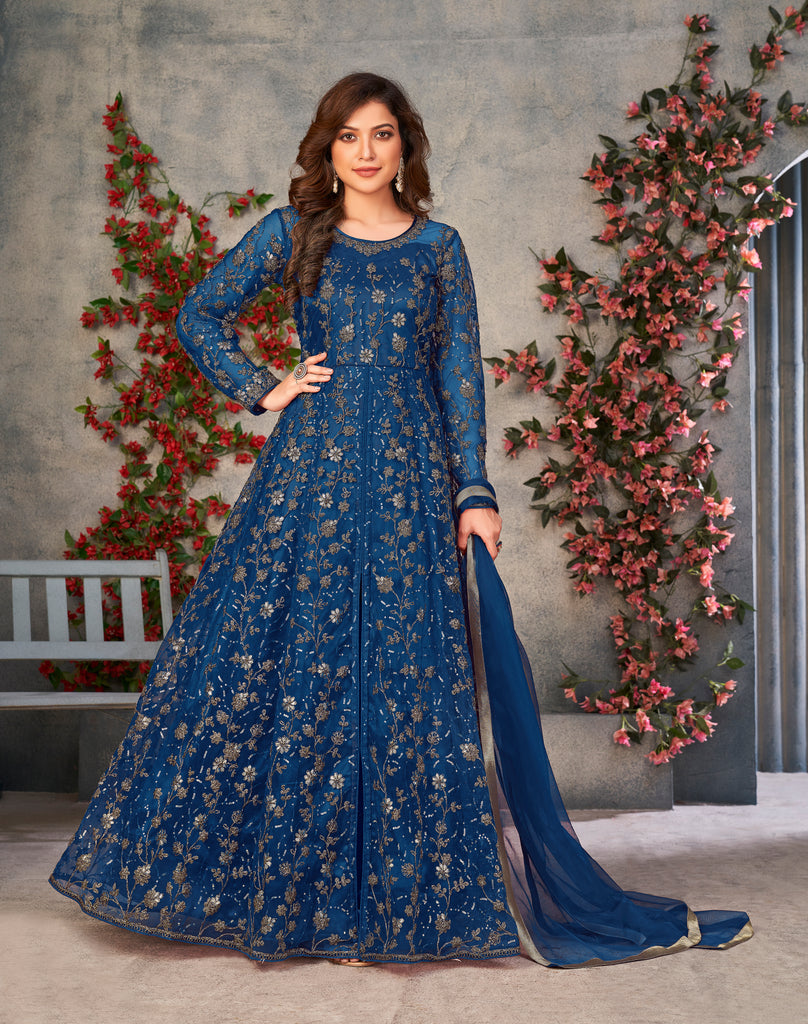 Navy Blue Designer Heavy Embroidered Net Party Wear Anarkali Gown-Saira's Boutique
