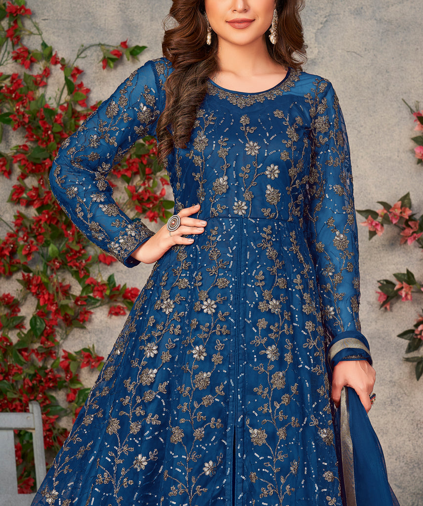 Navy Blue Designer Heavy Embroidered Net Party Wear Anarkali Gown-Saira's Boutique