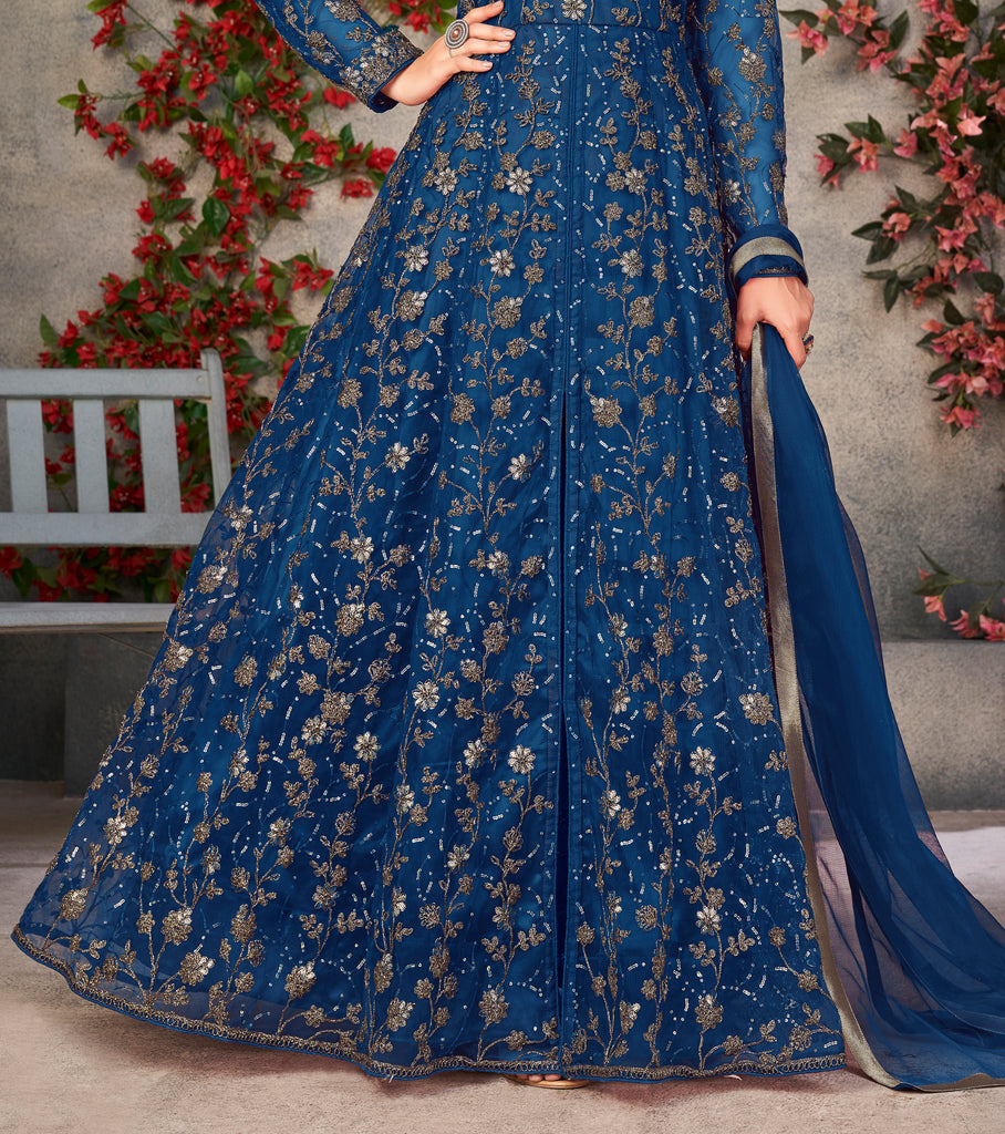 Navy Blue Designer Heavy Embroidered Net Party Wear Anarkali Gown-Saira's Boutique