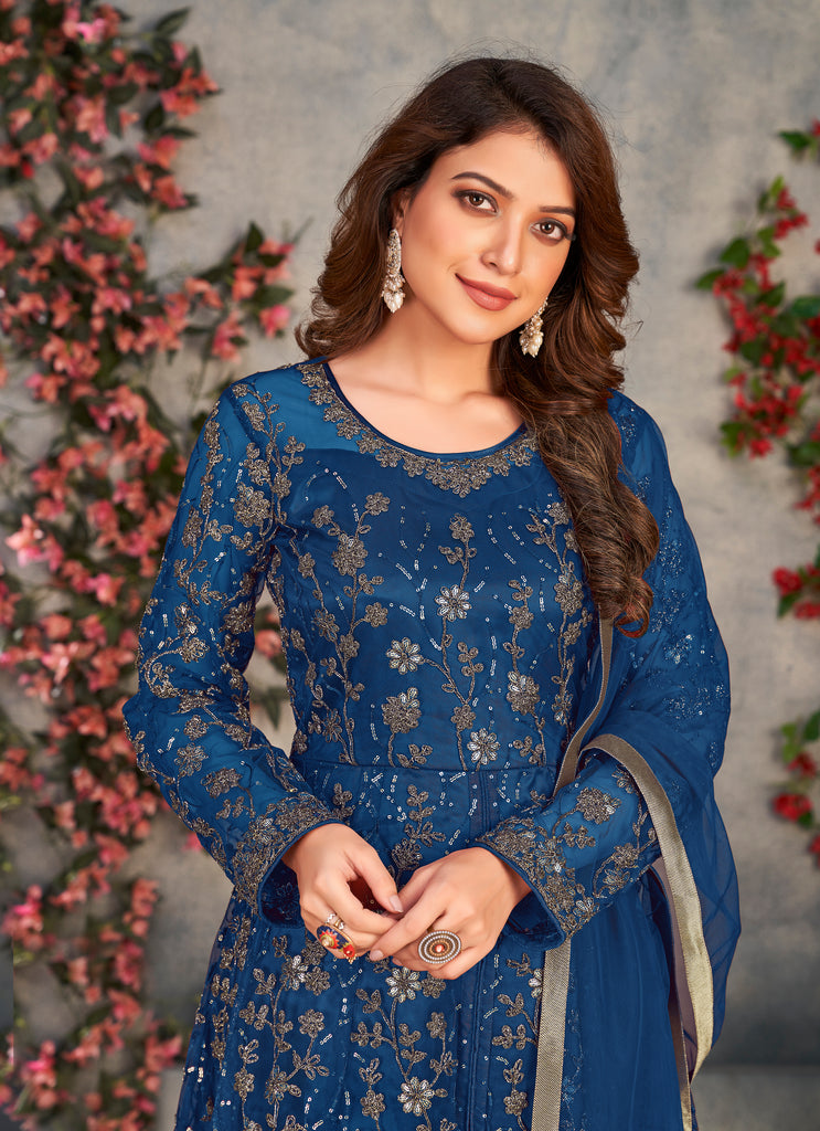 Navy Blue Designer Heavy Embroidered Net Party Wear Anarkali Gown-Saira's Boutique