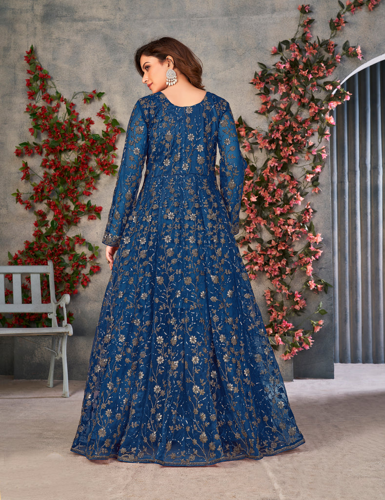 Navy Blue Designer Heavy Embroidered Net Party Wear Anarkali Gown-Saira's Boutique