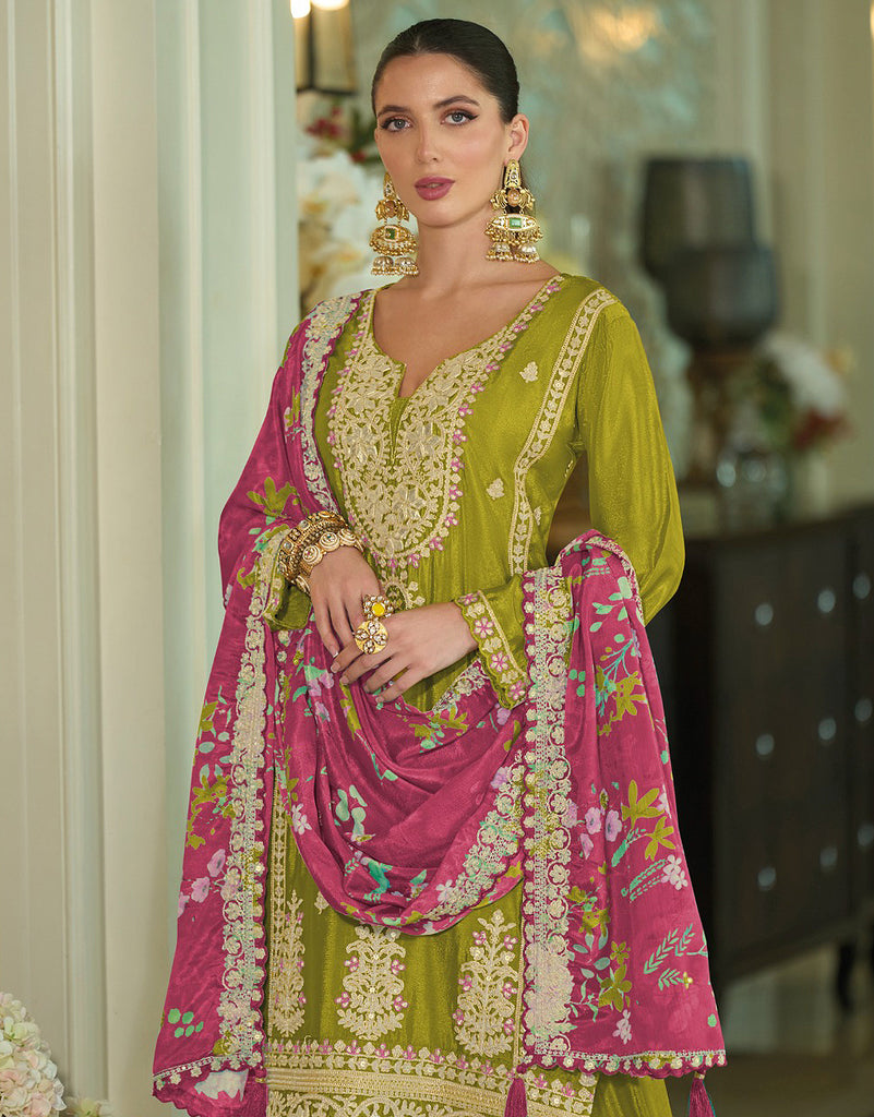 Olive Green & Magenta Designer Embroidered Chinon Silk Wedding Sharara Suit-Saira's Boutique
