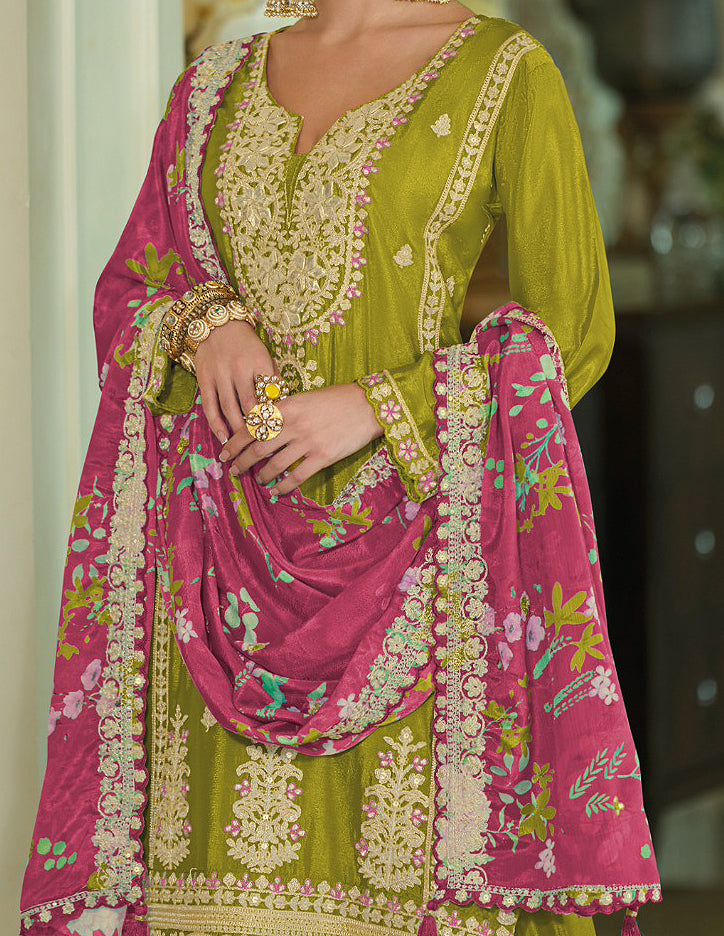 Olive Green & Magenta Designer Embroidered Chinon Silk Wedding Sharara Suit-Saira's Boutique