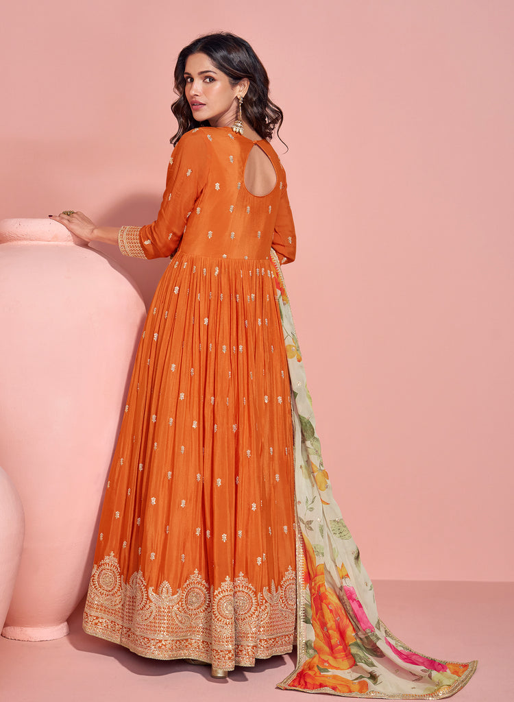 Orange Designer Embroidered Premium Chinon Silk Anarkali Gown-Saira's Boutique