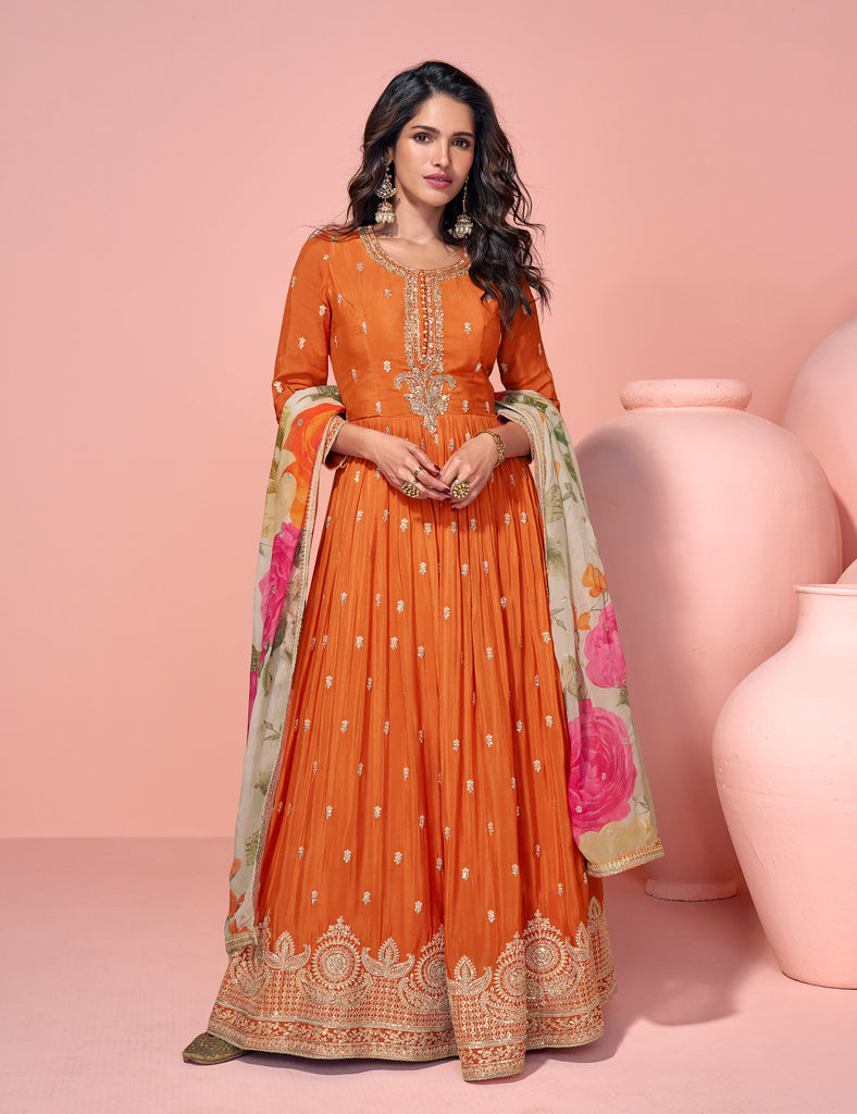 Orange Designer Embroidered Premium Chinon Silk Anarkali Gown-Saira's Boutique