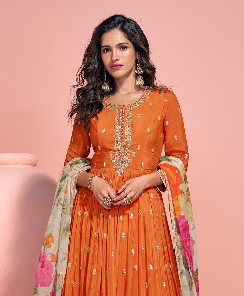 Orange Designer Embroidered Premium Chinon Silk Anarkali Gown-Saira's Boutique