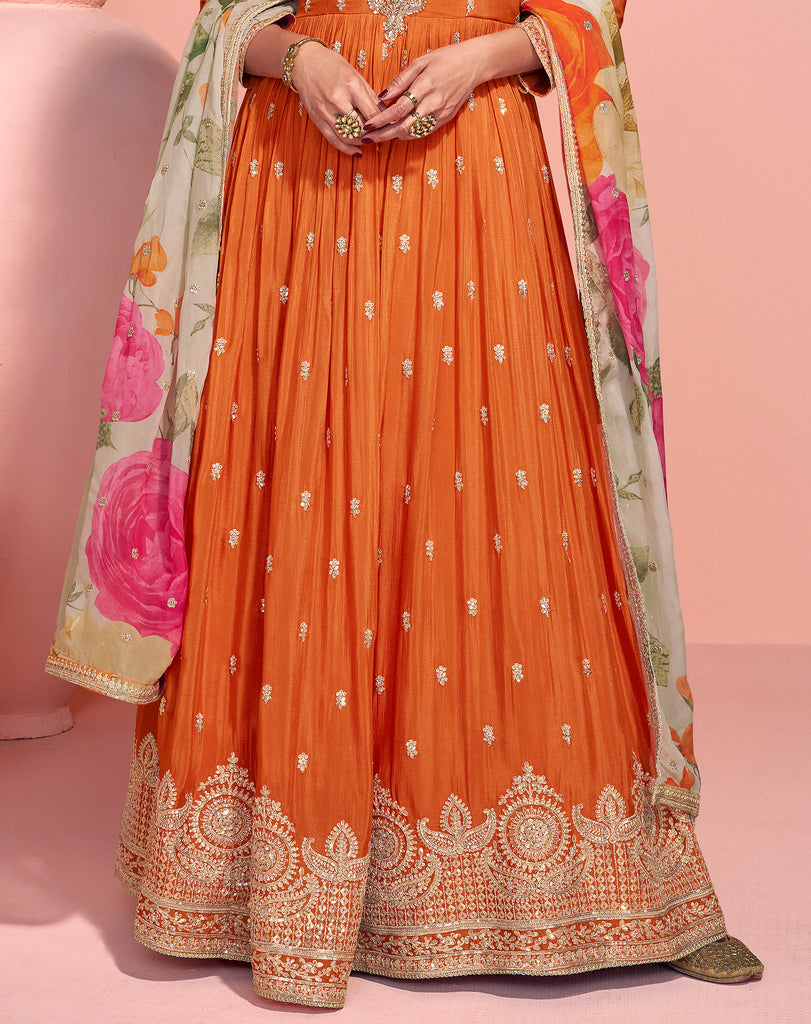 Orange Designer Embroidered Premium Chinon Silk Anarkali Gown-Saira's Boutique