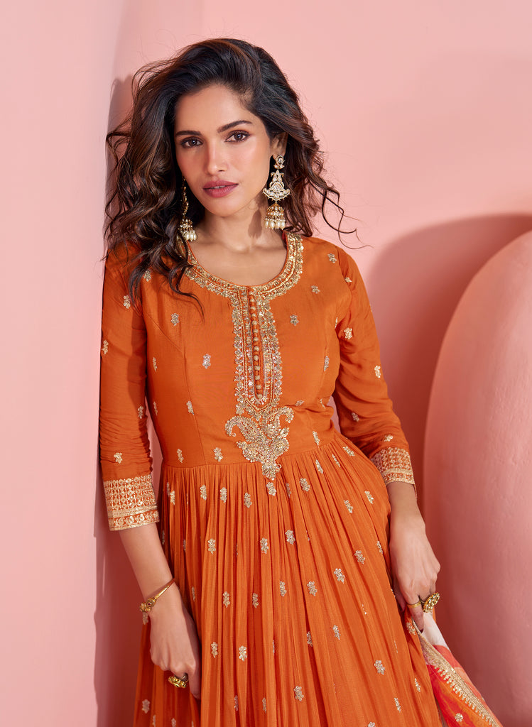 Orange Designer Embroidered Premium Chinon Silk Anarkali Gown-Saira's Boutique