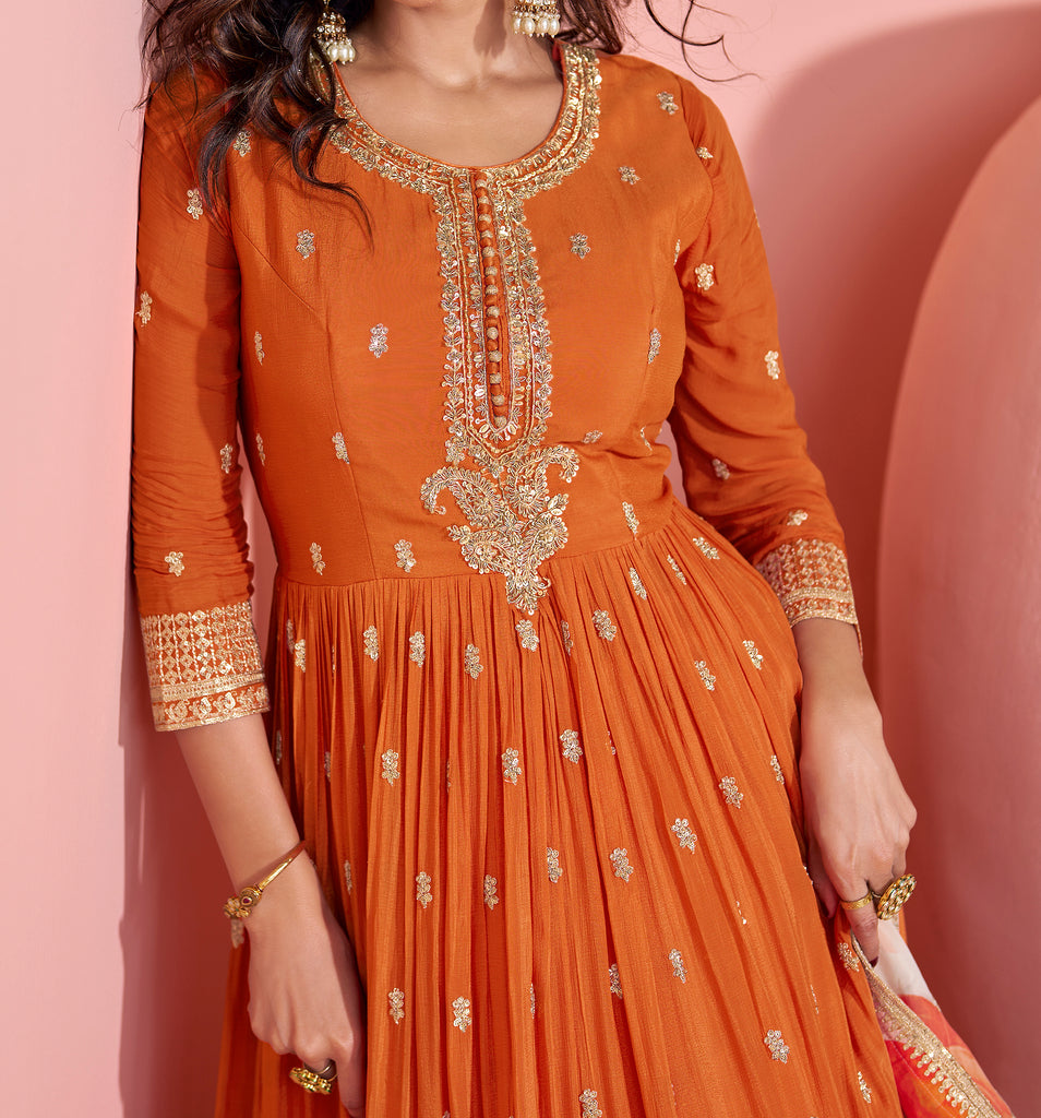 Orange Designer Embroidered Premium Chinon Silk Anarkali Gown-Saira's Boutique