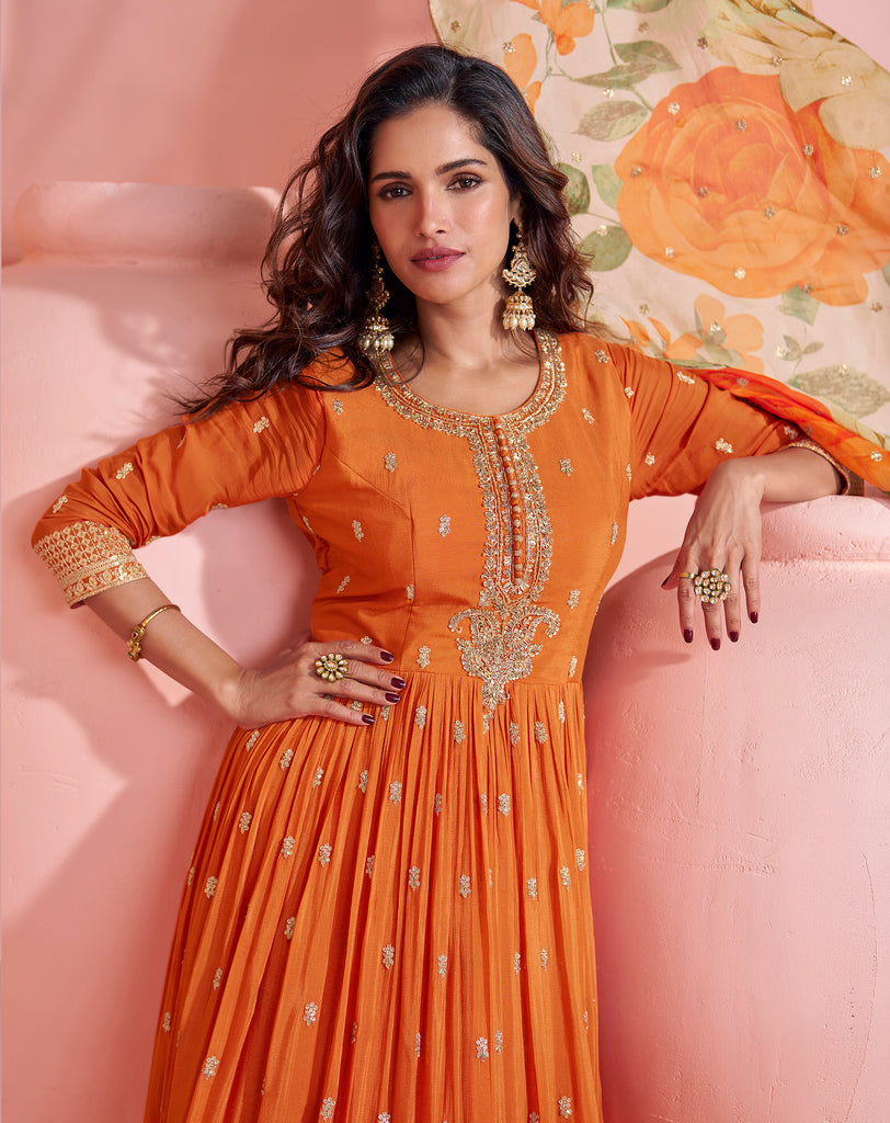 Orange Designer Embroidered Premium Chinon Silk Anarkali Gown-Saira's Boutique