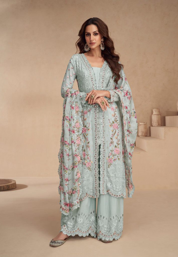 Pale Blue Designer Embroidered Chinon Silk Party Wear Palazzo Suit-Saira's Boutique