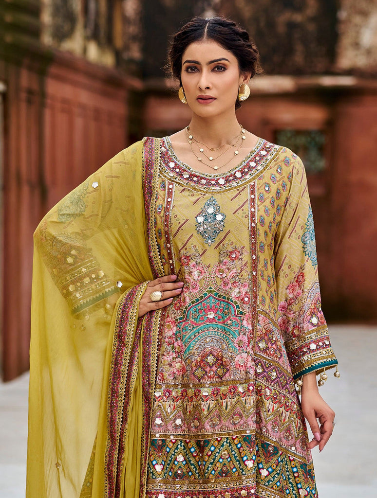 Pale Mustard Designer Embroidered Heavy Chinon Party Wear Sharara Suit-Saira's Boutique