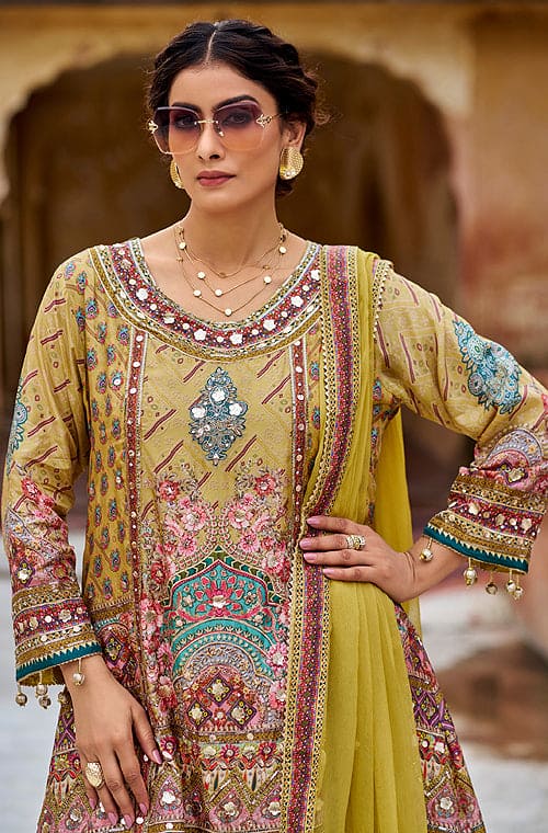 Pale Mustard Designer Embroidered Heavy Chinon Party Wear Sharara Suit-Saira's Boutique