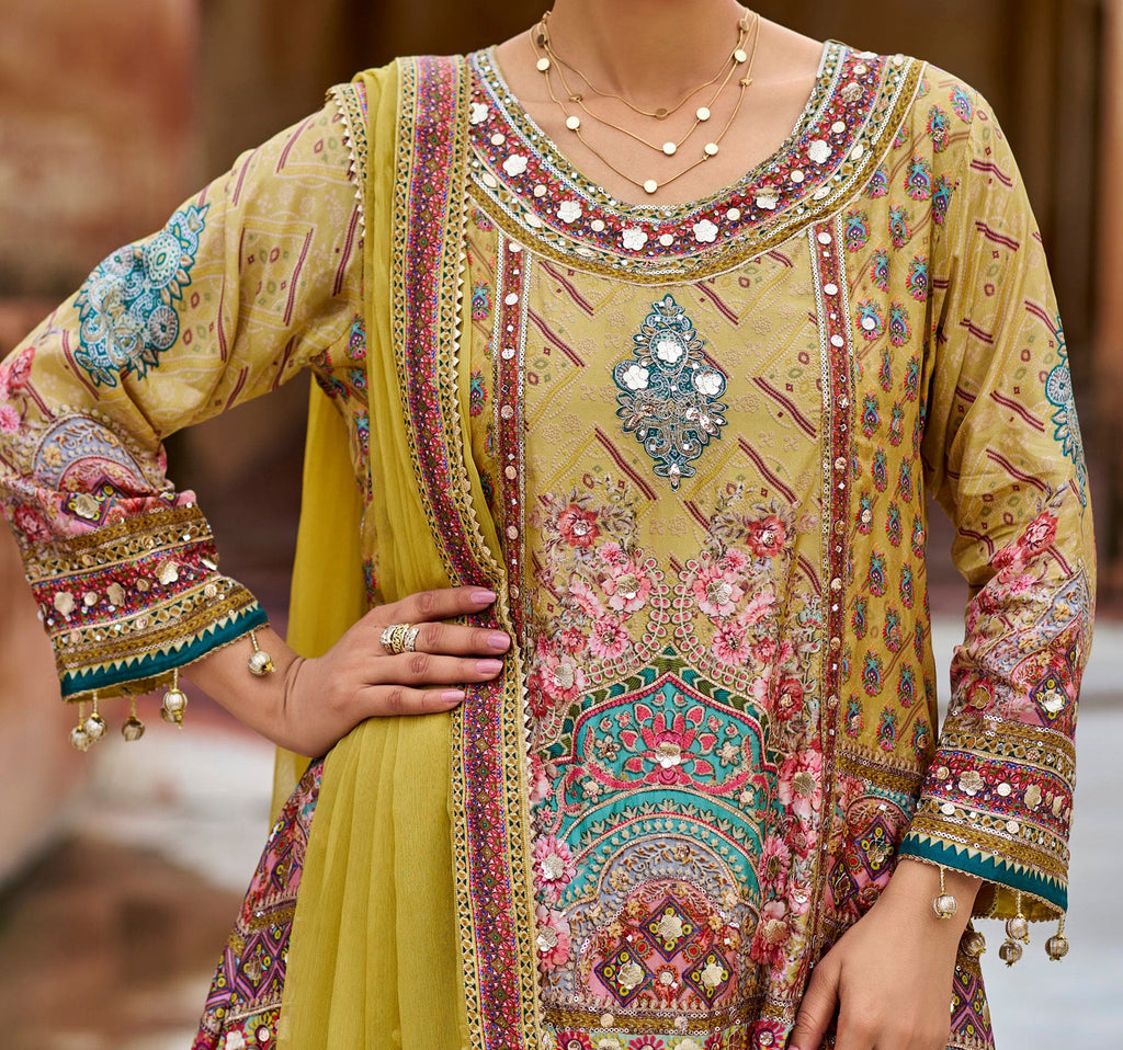 Pale Mustard Designer Embroidered Heavy Chinon Party Wear Sharara Suit-Saira's Boutique