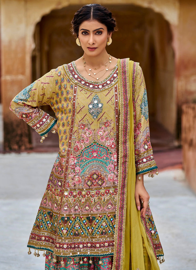 Pale Mustard Designer Embroidered Heavy Chinon Party Wear Sharara Suit-Saira's Boutique