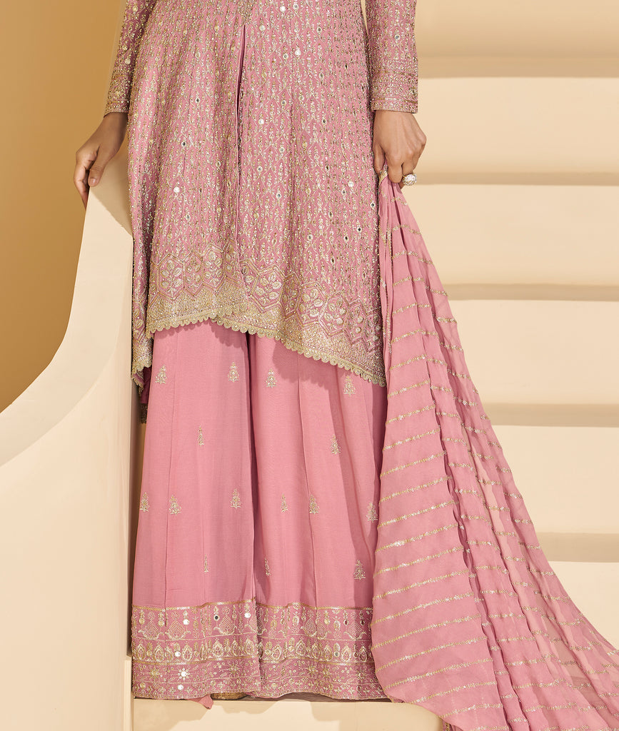 Pale Pink Designer Embroidered Pure Georgette Wedding Palazzo Suit-Saira's Boutique