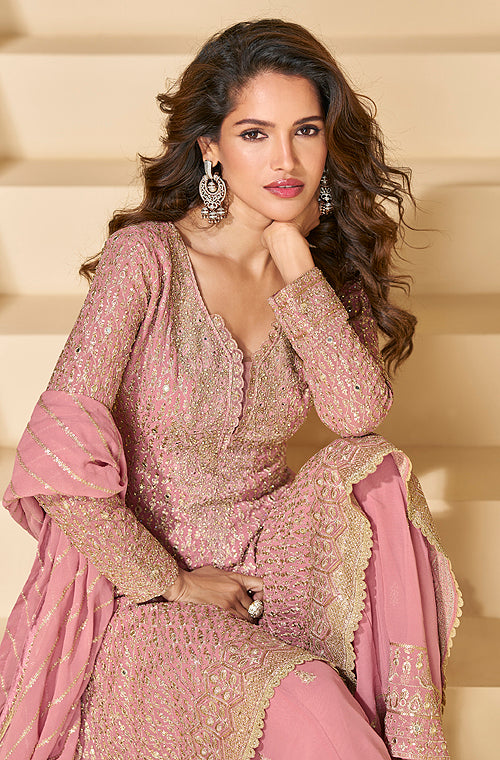 Pale Pink Designer Embroidered Pure Georgette Wedding Palazzo Suit-Saira's Boutique