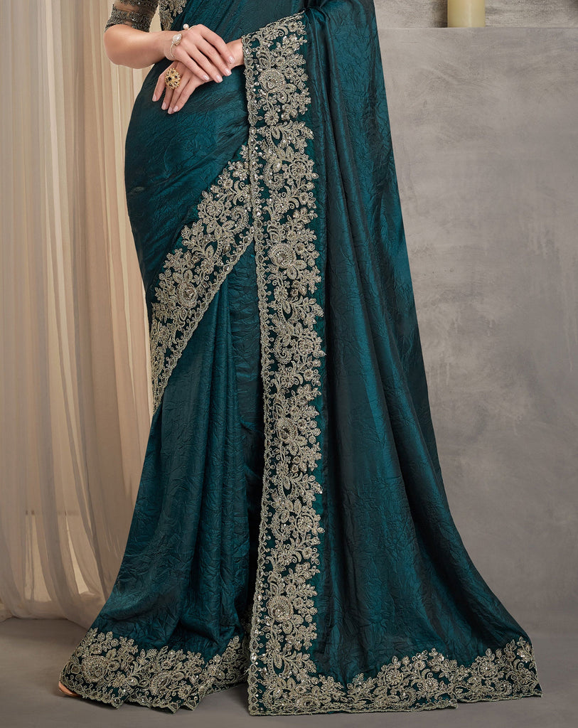 Peacock Green Designer Embroidered Crush Wedding Party Wear Saree-Saira's Boutique