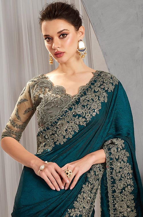Peacock Green Designer Embroidered Crush Wedding Party Wear Saree-Saira's Boutique