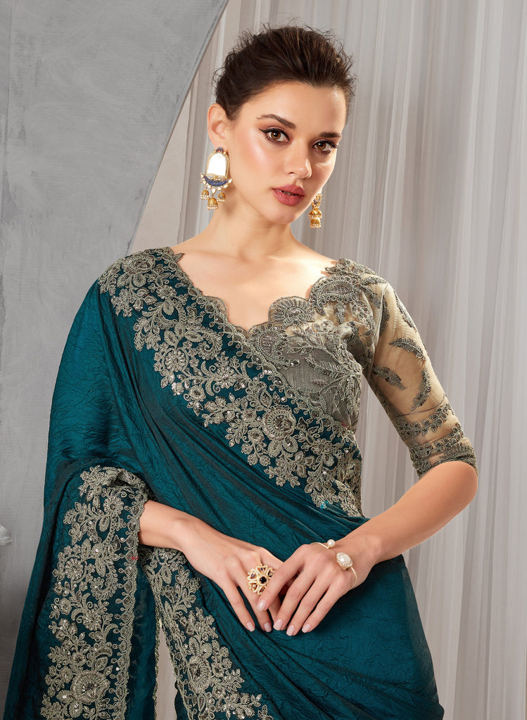 Peacock Green Designer Embroidered Crush Wedding Party Wear Saree-Saira's Boutique