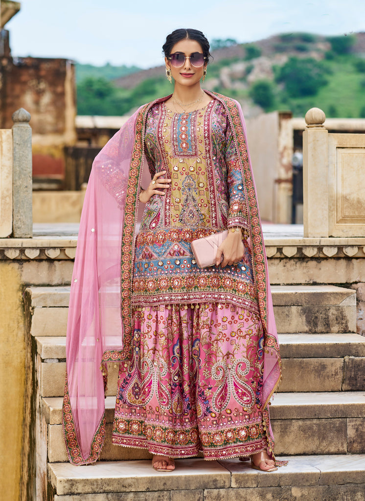 Pink Designer Embroidered Heavy Chinon Party Wear Sharara Suit-Saira's Boutique