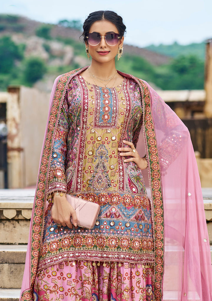 Pink Designer Embroidered Heavy Chinon Party Wear Sharara Suit-Saira's Boutique