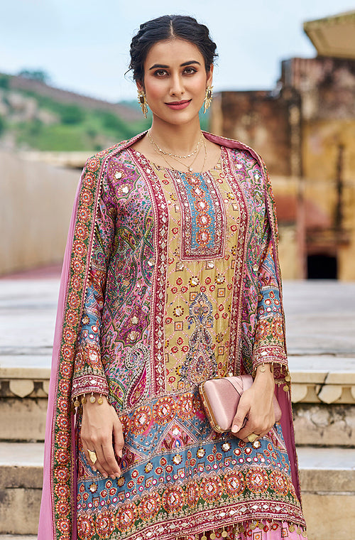 Pink Designer Embroidered Heavy Chinon Party Wear Sharara Suit-Saira's Boutique