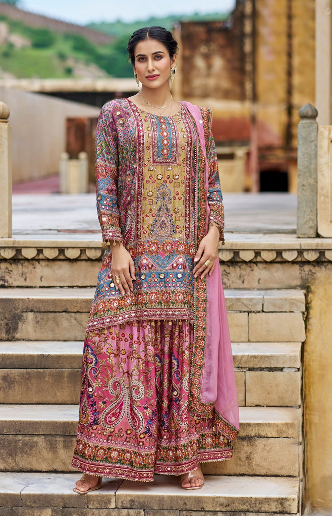 Pink Designer Embroidered Heavy Chinon Party Wear Sharara Suit-Saira's Boutique