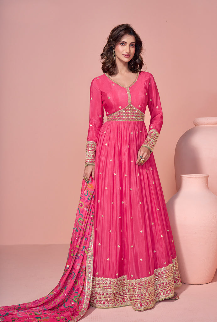 Pink Designer Embroidered Premium Chinon Silk Anarkali Gown-Saira's Boutique