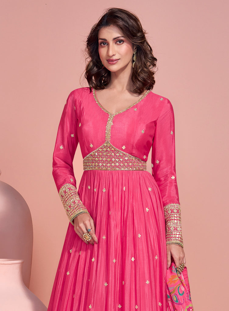 Pink Designer Embroidered Premium Chinon Silk Anarkali Gown-Saira's Boutique