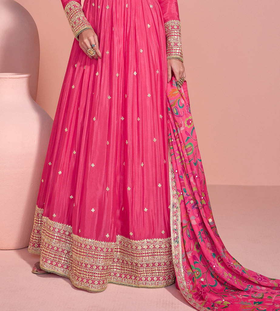 Pink Designer Embroidered Premium Chinon Silk Anarkali Gown-Saira's Boutique