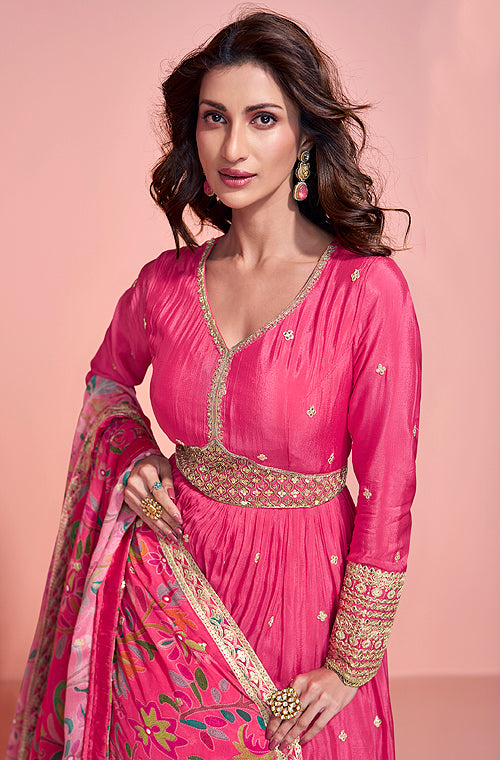 Pink Designer Embroidered Premium Chinon Silk Anarkali Gown-Saira's Boutique