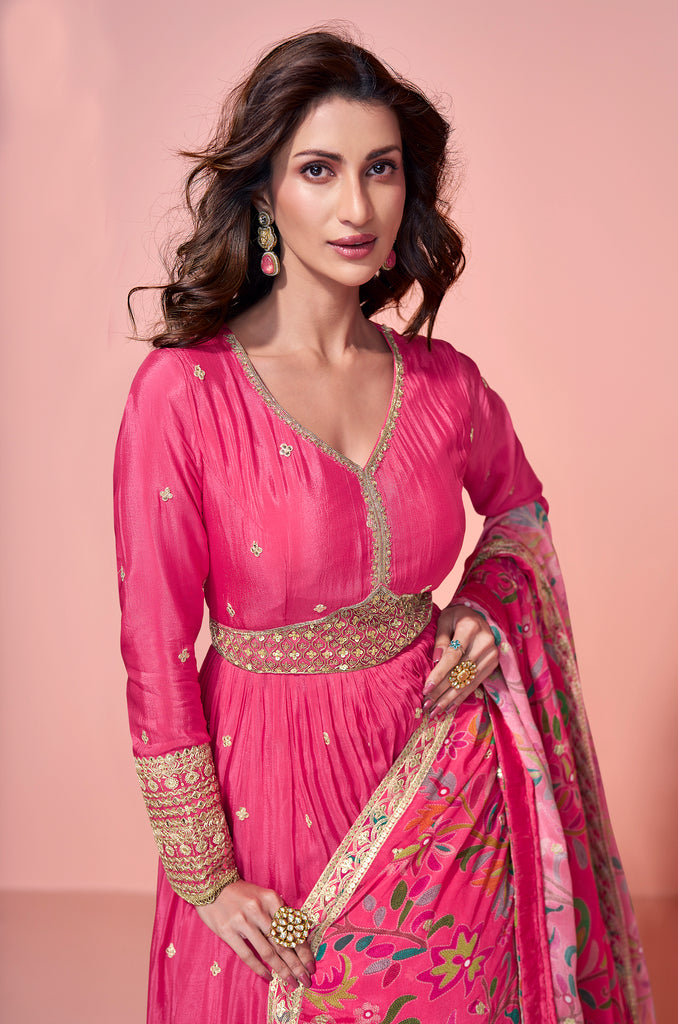 Pink Designer Embroidered Premium Chinon Silk Anarkali Gown-Saira's Boutique