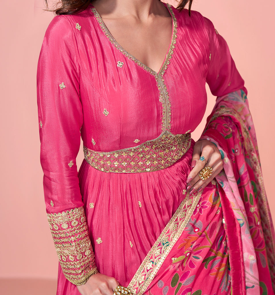 Pink Designer Embroidered Premium Chinon Silk Anarkali Gown-Saira's Boutique
