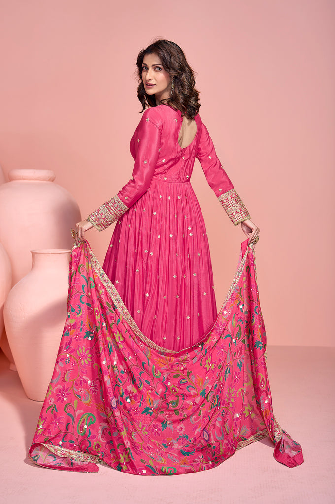 Pink Designer Embroidered Premium Chinon Silk Anarkali Gown-Saira's Boutique