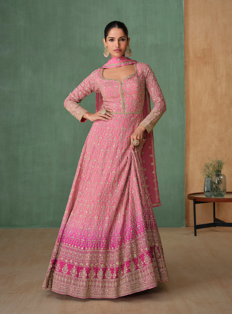 Pink Designer Embroidered Pure Georgette Anarkali Gown-Saira's Boutique