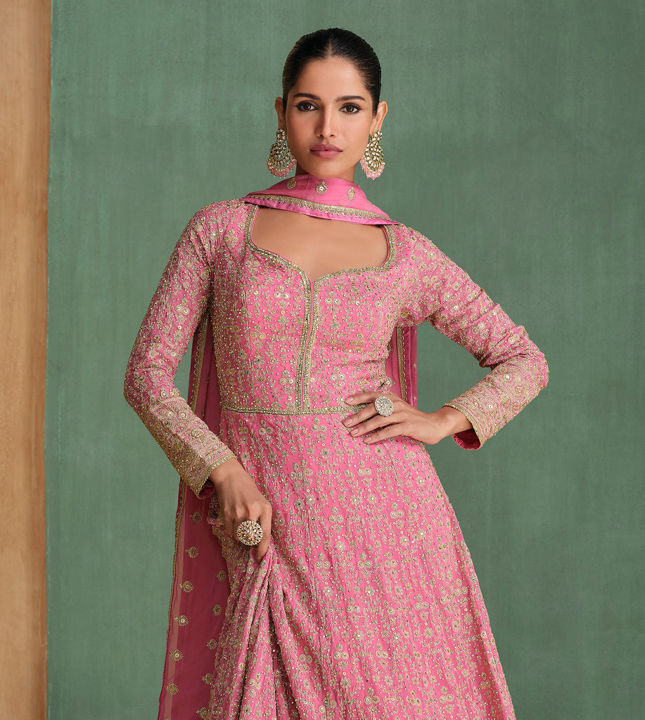 Pink Designer Embroidered Pure Georgette Anarkali Gown-Saira's Boutique