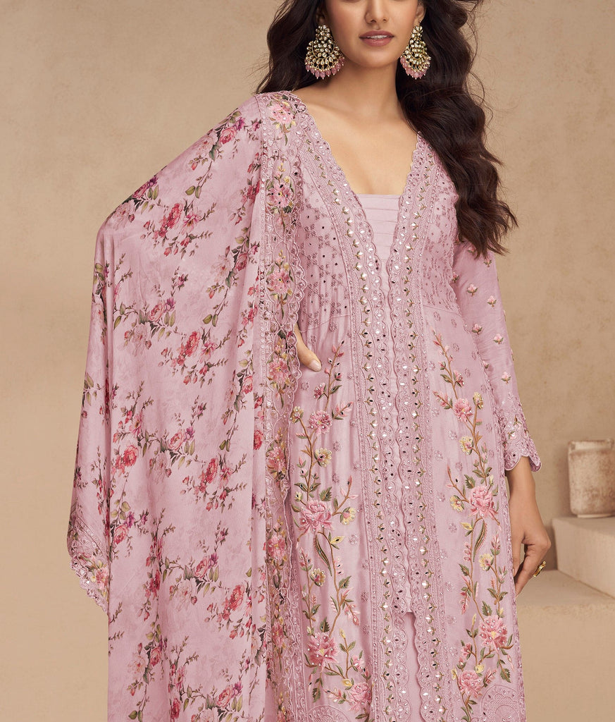 Pink Mauve Designer Embroidered Chinon Silk Party Wear Palazzo Suit-Saira's Boutique