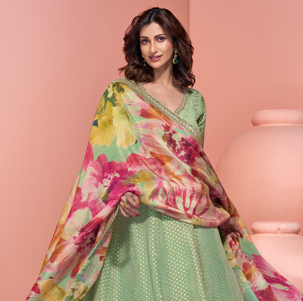 Pista Green Designer Embroidered Pure Jacquard Silk Anarkali Suit-Saira's Boutique