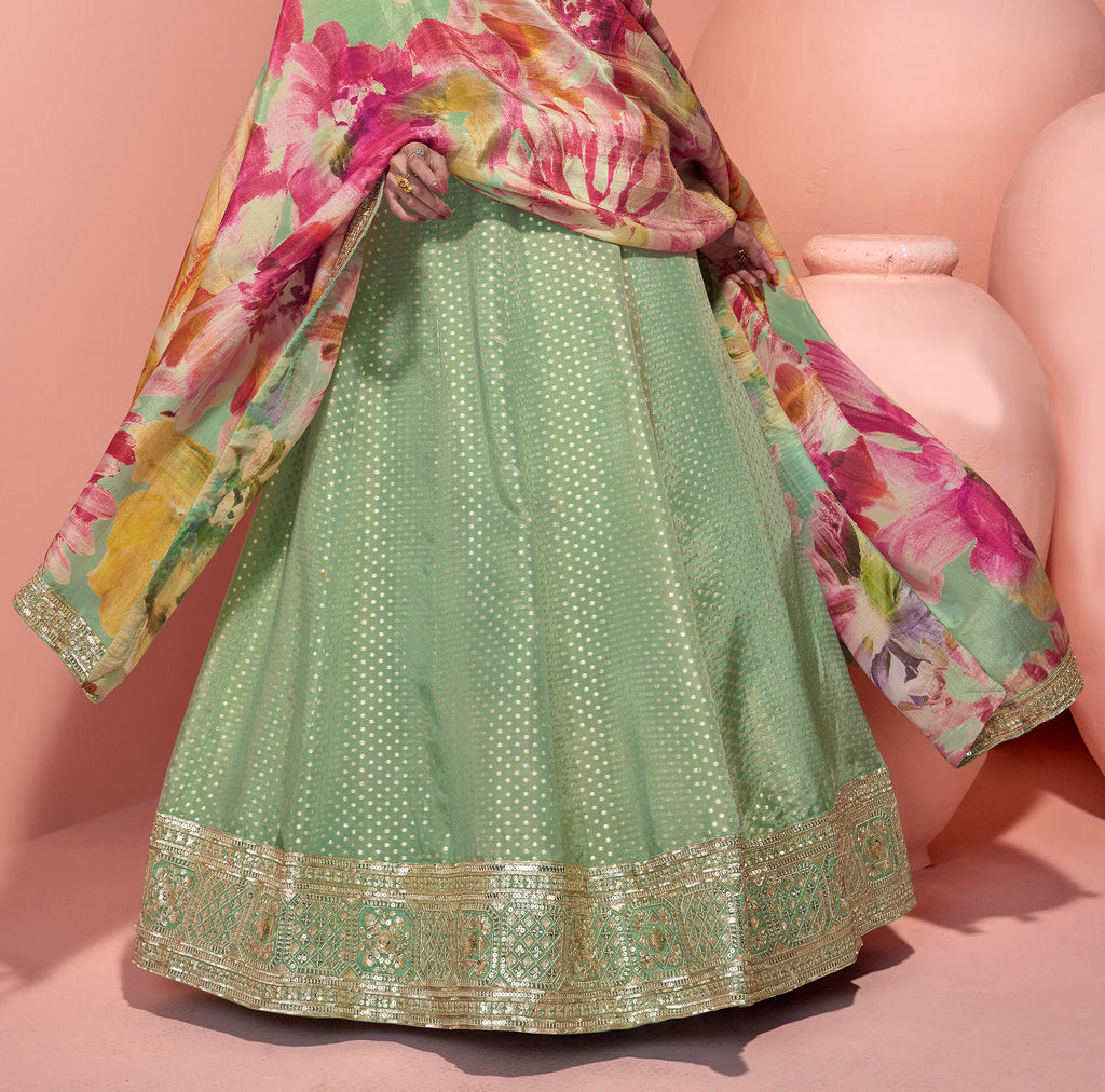 Pista Green Designer Embroidered Pure Jacquard Silk Anarkali Suit-Saira's Boutique