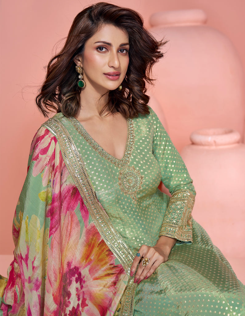 Pista Green Designer Embroidered Pure Jacquard Silk Anarkali Suit-Saira's Boutique