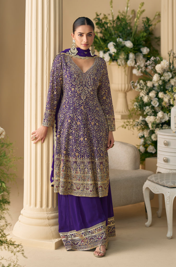 Purple Designer Embroidered Pure Georgette Wedding Palazzo Suit-Saira's Boutique