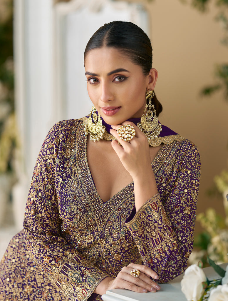 Purple Designer Embroidered Pure Georgette Wedding Palazzo Suit-Saira's Boutique