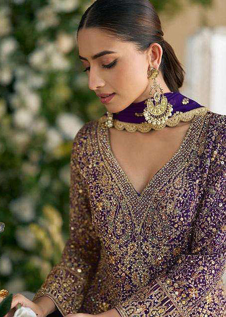 Purple Designer Embroidered Pure Georgette Wedding Palazzo Suit-Saira's Boutique