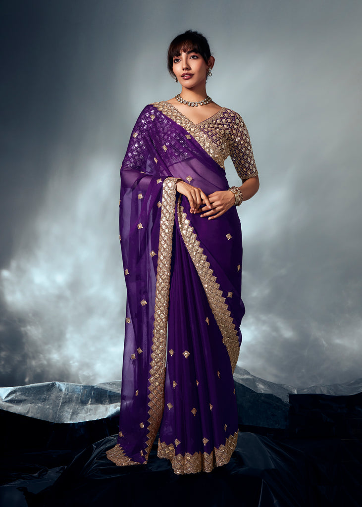 Purple Designer Embroidered Tissue Organza Wedding Party Wear Saree-Saira's Boutique