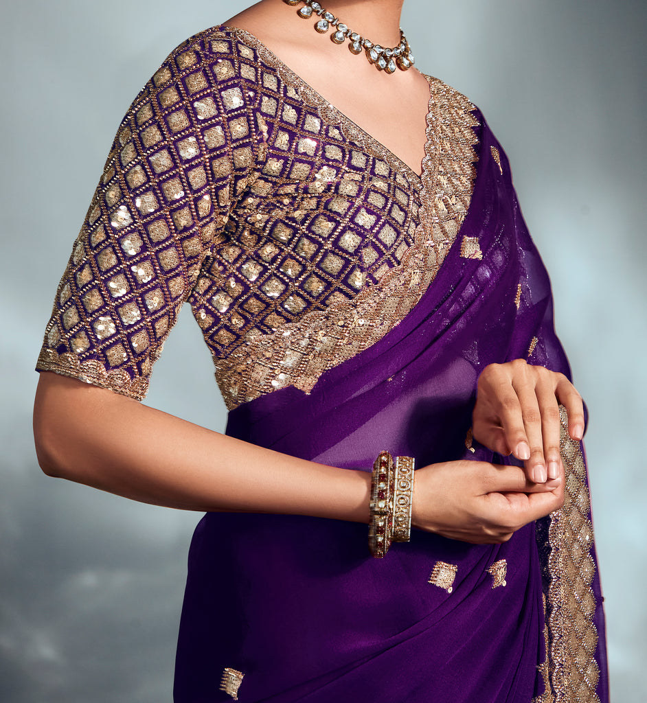 Purple Designer Embroidered Tissue Organza Wedding Party Wear Saree-Saira's Boutique