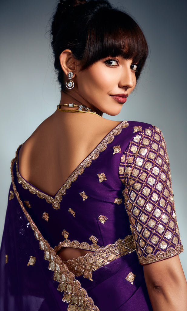 Purple Designer Embroidered Tissue Organza Wedding Party Wear Saree-Saira's Boutique