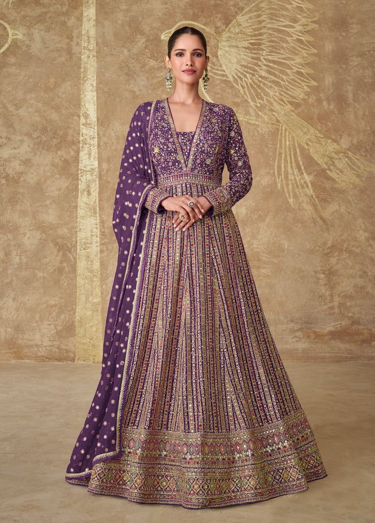 Purple Designer Heavy Embroidered Georgette Wedding Anarkali Gown-Saira's Boutique