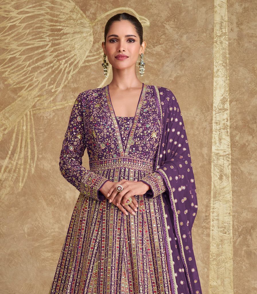 Purple Designer Heavy Embroidered Georgette Wedding Anarkali Gown-Saira's Boutique